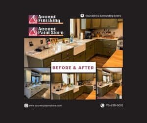 Before and after kitchen cabinet refinishing project completed by Accent Finishing in Eau Claire Wisconsin