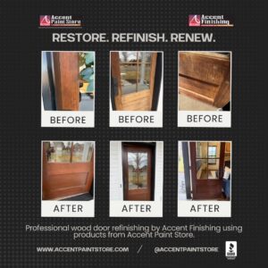 Before and after wood door refinishing completed by Accent Finishing in Eau Claire Wisconsin